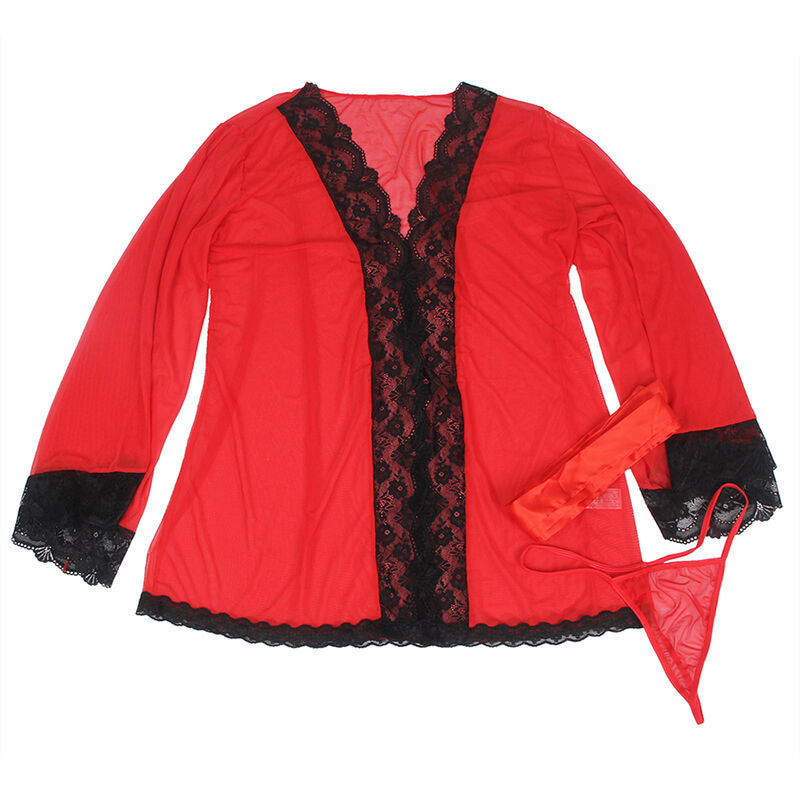 Peignoir deshabille rouge Subblime presente a plat sans modele, col et bas bordes de dentelle noire festonnee, manches longues evasees et tissu voile transparent tres leger.