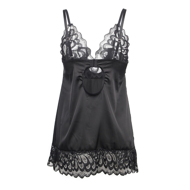 Babydoll satin noir Subblime presente a plat montrant la decoupe centrale sous le buste et l ourlet de dentelle florale ajouree de la jupe courte, presentation produit sans modele.