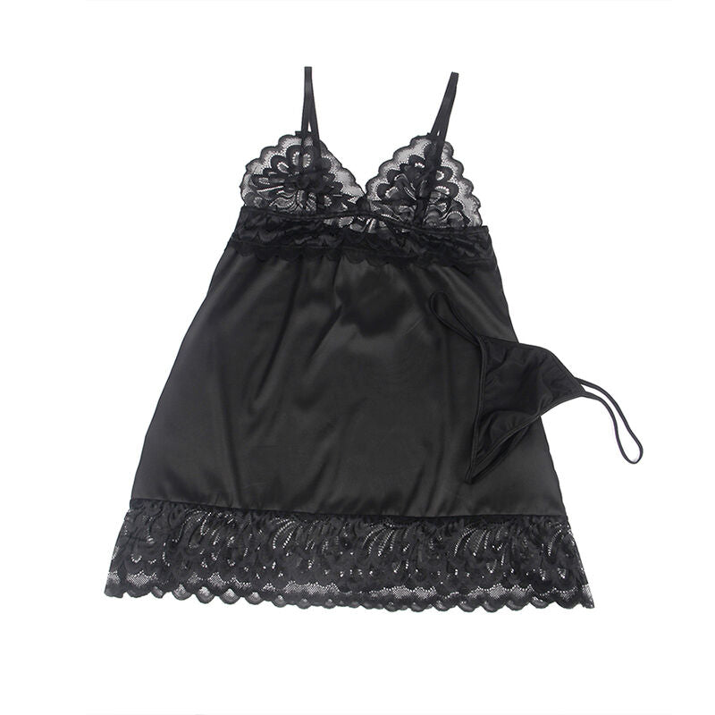 Babydoll satin noir Subblime presente a plat avec lien de cote a nouer, satin fluide et ourlet de jupe en dentelle florale festonnee ajouree, presentation produit sans modele.