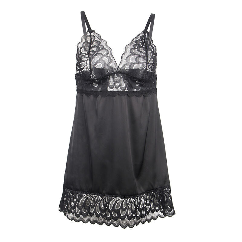 Babydoll satin noir Subblime suspendu a plat sans modele, bonnets en dentelle florale ajouree et longue jupe satinee ourlee de dentelle festonnee noire, fines bretelles reglables.