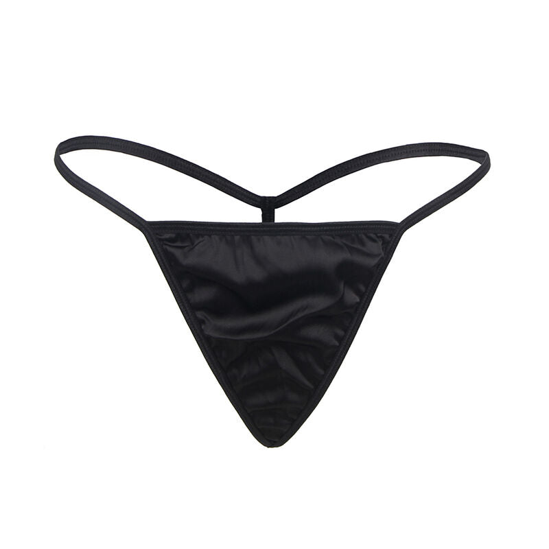String satine noir assorti au babydoll Subblime presente a plat sans modele, fines brides arriere et coupe tanga, presentation produit nette sur fond clair sans anatomie.