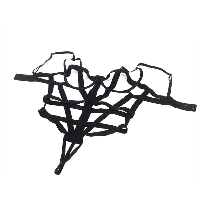 Body cage noir Subblime etale a plat sans modele montrant la coupe arriere ouverte et tout le reseau de bandes elastiques mates entrecroisees, presentation complete du produit.