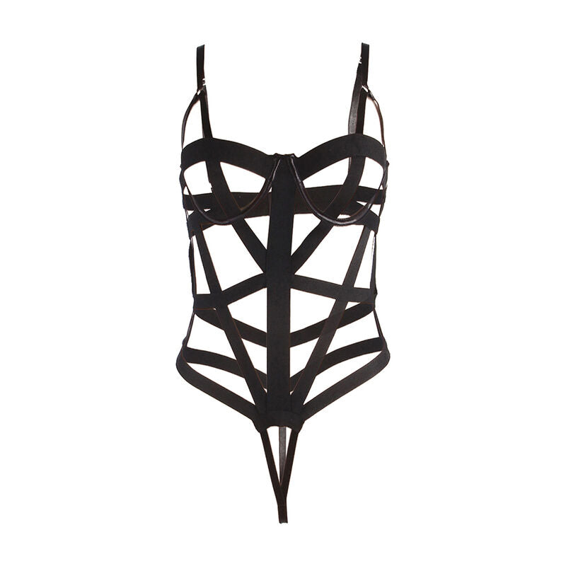 Body strappy noir Subblime presente a plat sans modele, bonnets a armatures et entrelacs de sangles elastiques formant la cage graphique, vue d ensemble de la structure du produit.