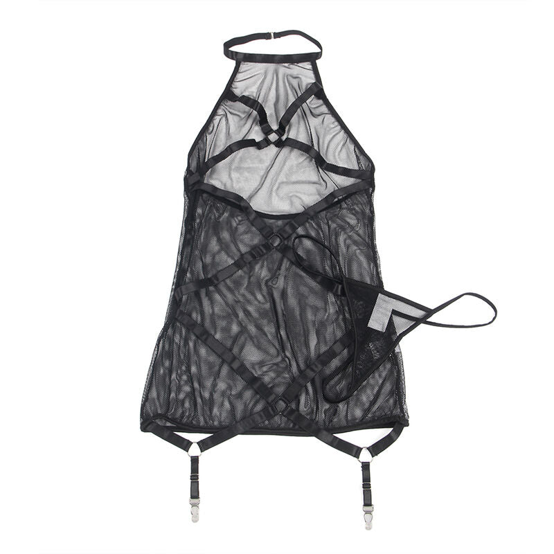 Robe lingerie transparente Subblime a plat, col licou et porte-jarretelles a clips, voile noir en maille stretch presente sur fond blanc.