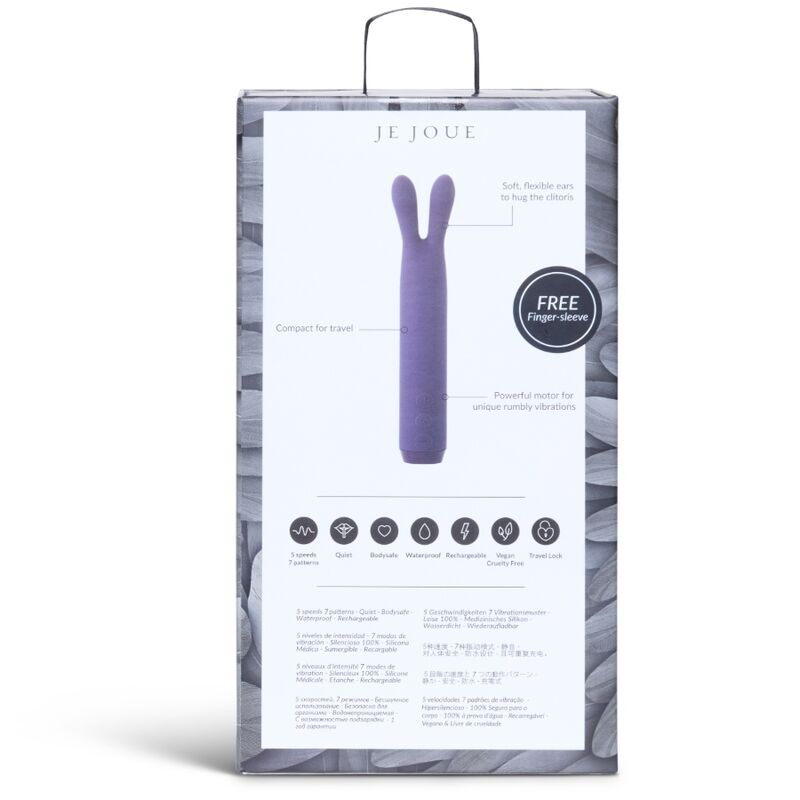 Dos de la boîte grise Rabbit Bullet de Je Joue, illustration du bullet violet à oreilles, pictogrammes de fonctions et texte produit, packaging informatif discret.