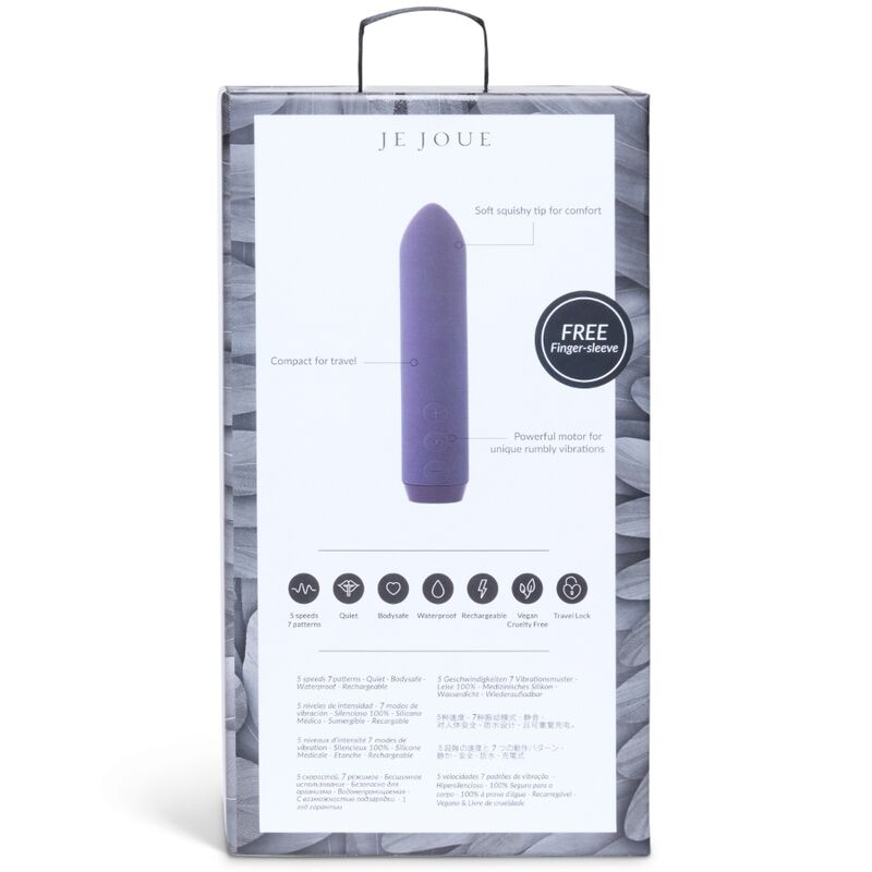Dos de la boîte Classic Bullet de Je Joue, illustration du bullet violet, pastille « Free Finger sleeve » et pictogrammes de fonctions, emballage informatif.