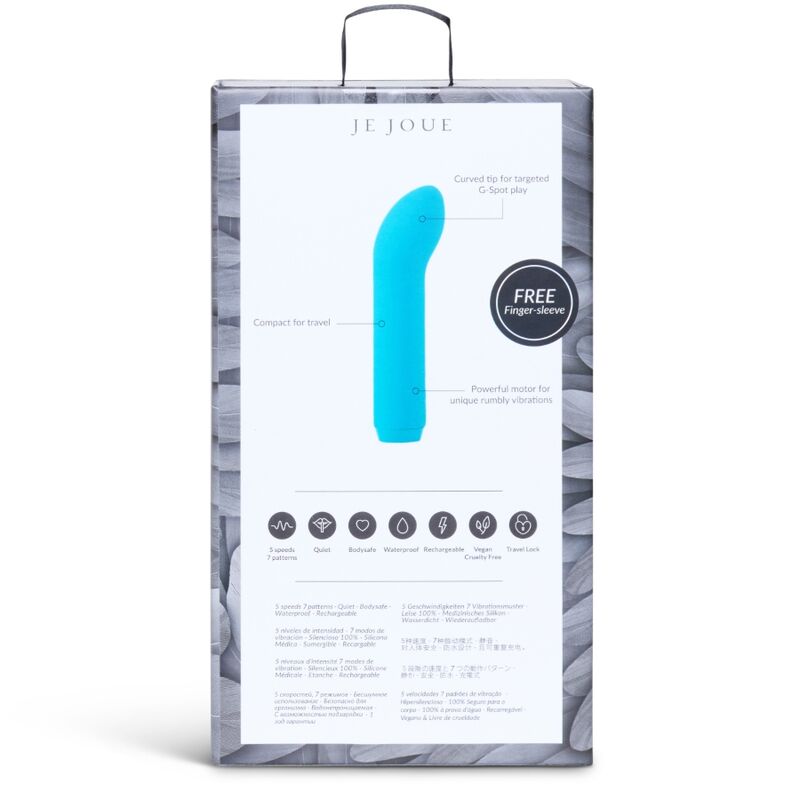 Dos de la boîte G-Spot Bullet de Je Joue, illustration du bullet bleu à pointe courbée, pastille « Free Finger sleeve » et pictogrammes, packaging informatif.
