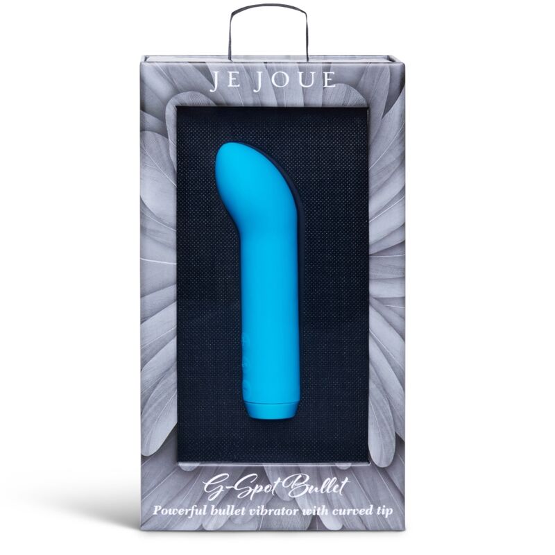 Boîte grise Je Joue « G-Spot Bullet » avec fenêtre montrant le bullet bleu turquoise à pointe courbée, libellé « Powerful bullet vibrator with curved tip ».