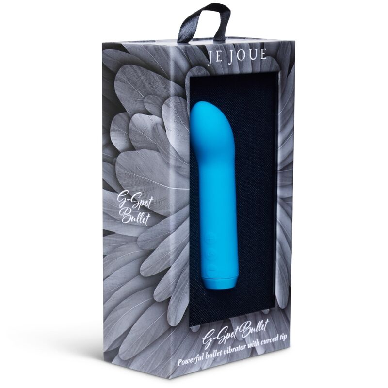 Boîte Je Joue « G-Spot Bullet » de trois quarts, fenêtre dévoilant le bullet bleu turquoise courbé sur fond plumes gris, emballage élégant et discret.