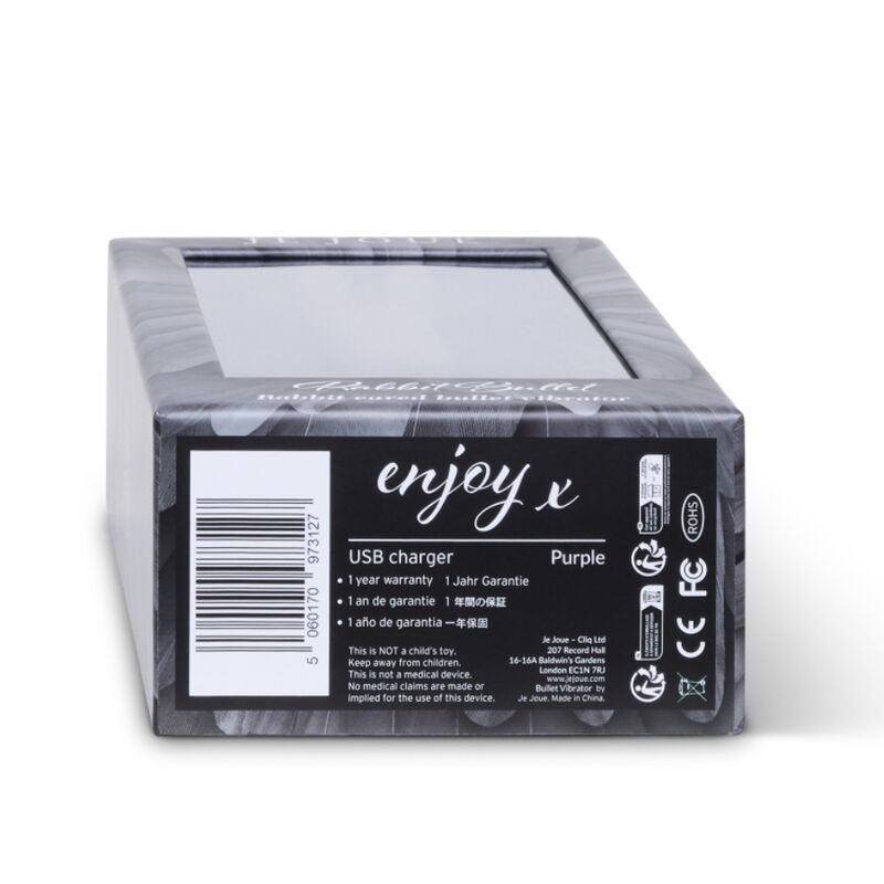 Dos de boîte « enjoy x » avec code-barres, mentions USB charger et coloris Purple, emballage technique du bullet lapin de Je Joue sans aucun visuel anatomique.