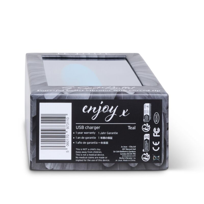 Dos de boîte « enjoy x » avec code-barres, mentions USB charger et coloris Teal, emballage technique du bullet bleu Je Joue sans aucun visuel anatomique.