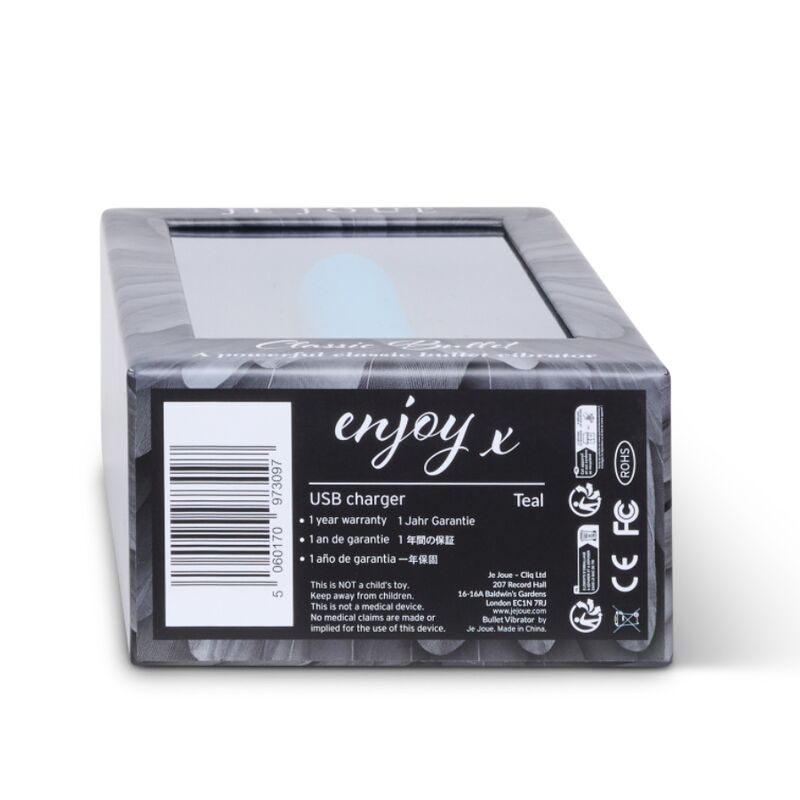 Dos de boîte « enjoy x » à code-barres, mentions USB charger et coloris Teal, emballage technique du mini bullet bleu Je Joue, aucun visuel anatomique.