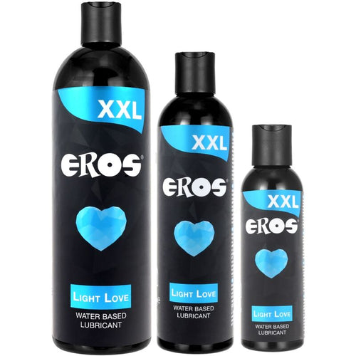 Trois flacons noirs Eros Light Love XXL base eau, coeur bleu, tailles degressives alignees, lubrifiant base eau longue duree compatible sextoys et preservatifs