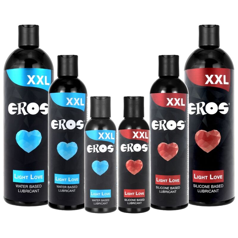 Gamme Eros Light Love XXL alignee en plusieurs tailles, melange coeur bleu base eau et coeur rouge silicone, vue d'ensemble des contenances
