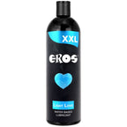 Grand flacon noir Eros Light Love XXL coeur bleu, lubrifiant base eau, vue frontale d'un format genereux a glisse durable compatible jouets