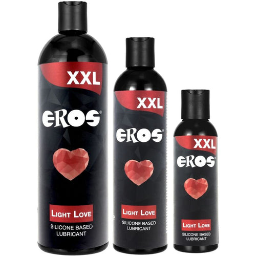Trois flacons noirs Eros Light Love XXL coeur rouge silicone, tailles degressives, lubrifiant base silicone longue duree compatible preservatifs latex