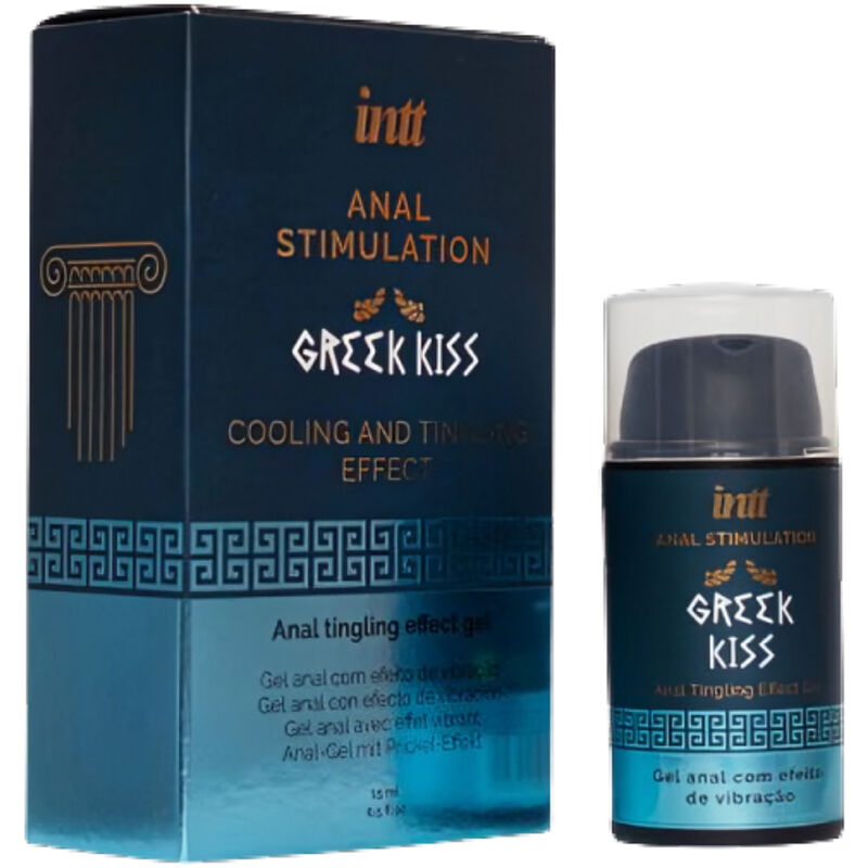 Coffret Greek Kiss Anal Stimulation Intt avec boite bleue et flacon airless du gel detendeur saveur menthe, effet froid et picotement anal.