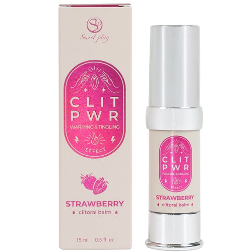 Baume stimulant clitoridien Clit Pwr saveur fraise, boite rose et flacon airless 15 ml, formule chauffante et picotante a absorption rapide pour usage externe.