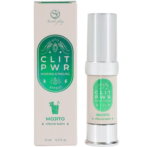 Baume stimulant clitoris Clit Pwr saveur Mojito 15 ml, flacon airless argente devant sa boite verte. Formule chauffante et picotante a usage externe pour elle.