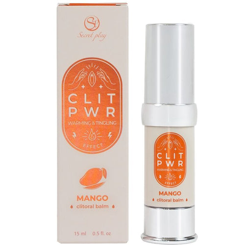 Baume stimulant clitoris Clit Pwr saveur mangue 15 ml, flacon airless argente devant sa boite orange. Formule chauffante et picotante a absorption rapide pour elle.