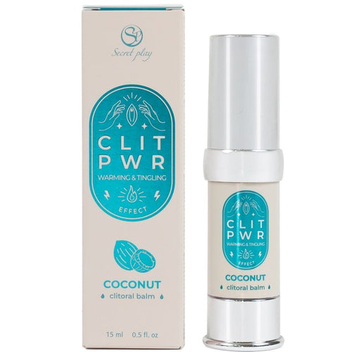 Baume stimulant clitoris Clit Pwr noix de coco 15 ml, flacon airless argente devant sa boite bleue. Formule chauffante et picotante a usage externe pour elle.