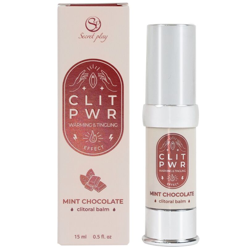 Baume stimulant clitoris Clit Pwr menthe chocolat 15 ml, flacon airless argente devant sa boite rose cuivre. Formule chauffante et picotante a usage externe pour elle.