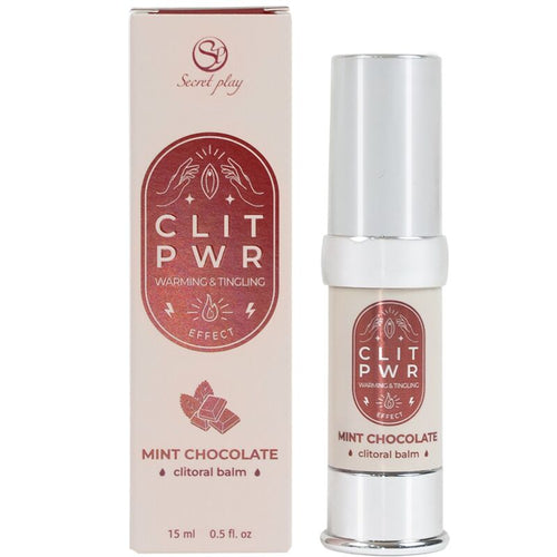 Baume stimulant clitoris Clit Pwr menthe chocolat 15 ml, flacon airless argente devant sa boite rose cuivre. Formule chauffante et picotante a usage externe pour elle.