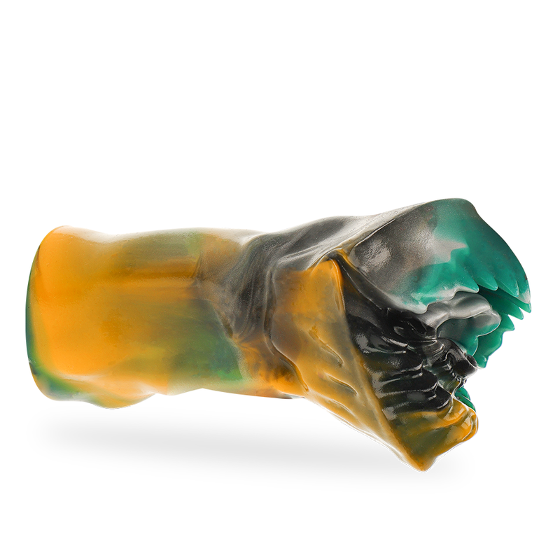 Masturbateur Arges Cyclops silicone orange et turquoise vu en plongee, entree enveloppante sculptee monstre, matiere souple et waterproof sans electronique.