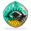 Masturbateur Arges Cyclops en silicone, entree sculptee en oeil de cyclope aux dents pointues et couleurs turquoise et orange, design fantasy mythologie grecque.