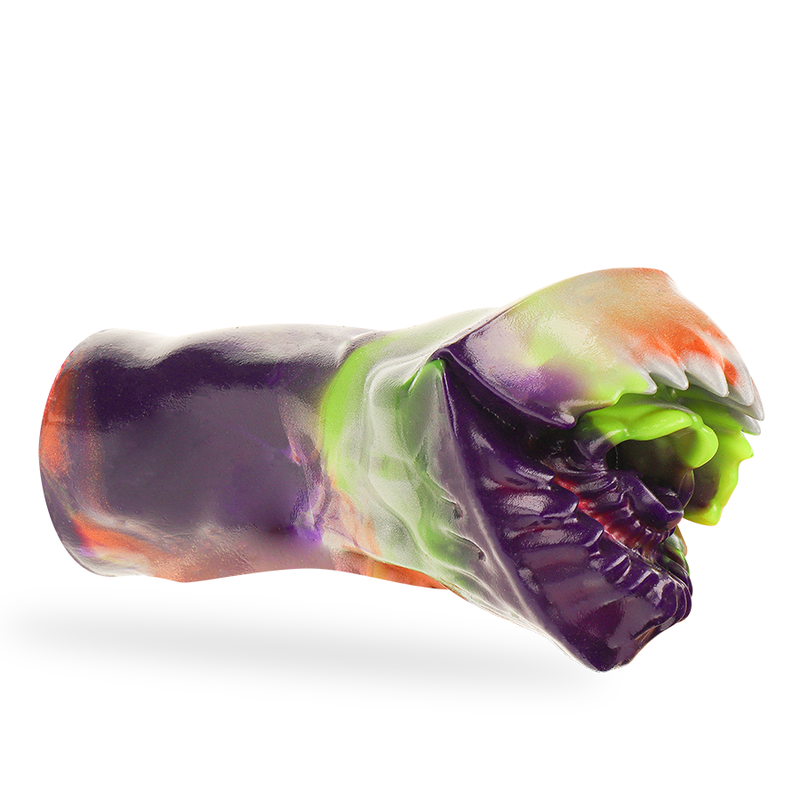 Masturbateur Brontes silicone violet et orange vu en plongee oblique, entree monstre sculptee et matiere souple flexible, univers mythologie fantasy.