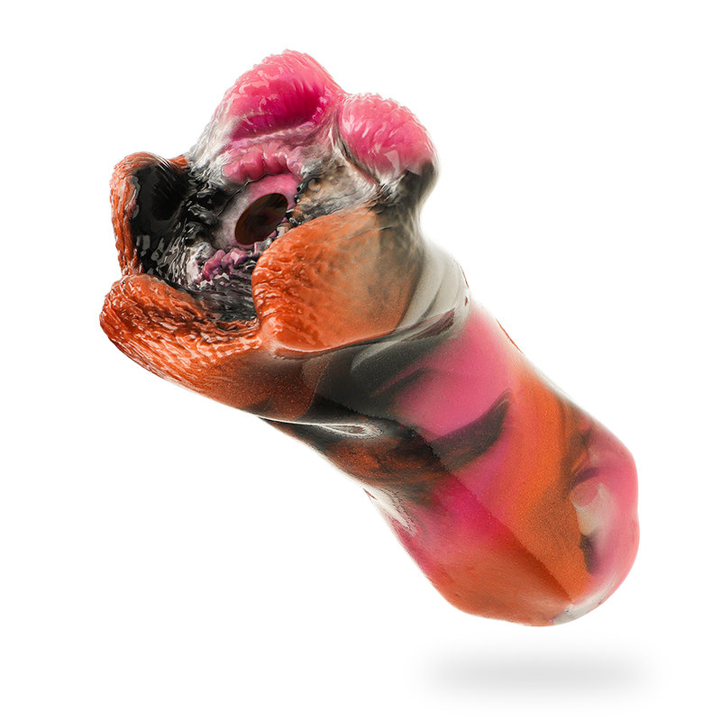 Masturbateur Telemus silicone fantasy vu en plongee, marbrures rose et orange et entree sculptee monstre, design ergonomique pour prise en main ferme.