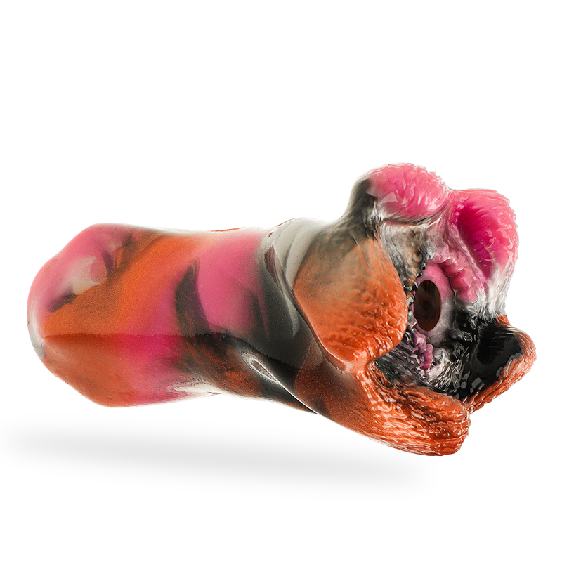 Masturbateur Telemus silicone rose et orange vu de profil, entree dentelee monstre et corps ergonomique, matiere douce pour une sensation enveloppante.