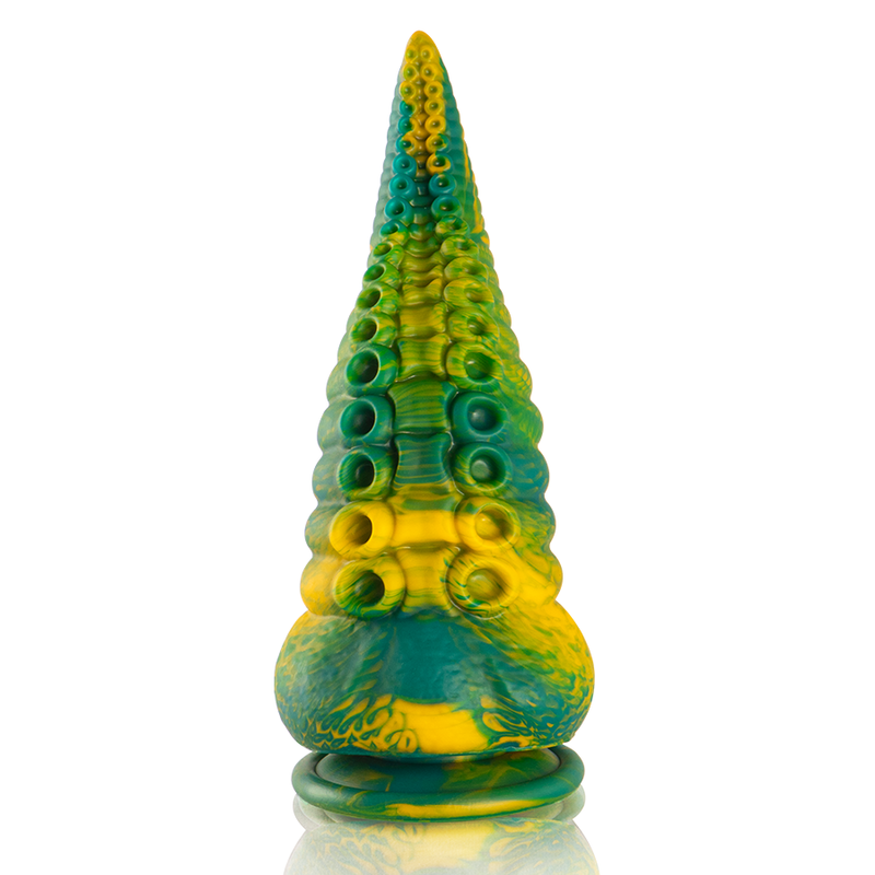 Gode tentacule fantasy en silicone vert et jaune vu de dos, base bulbeuse stable et pointe effilee, relief de ventouses regulier pour une stimulation progressive originale