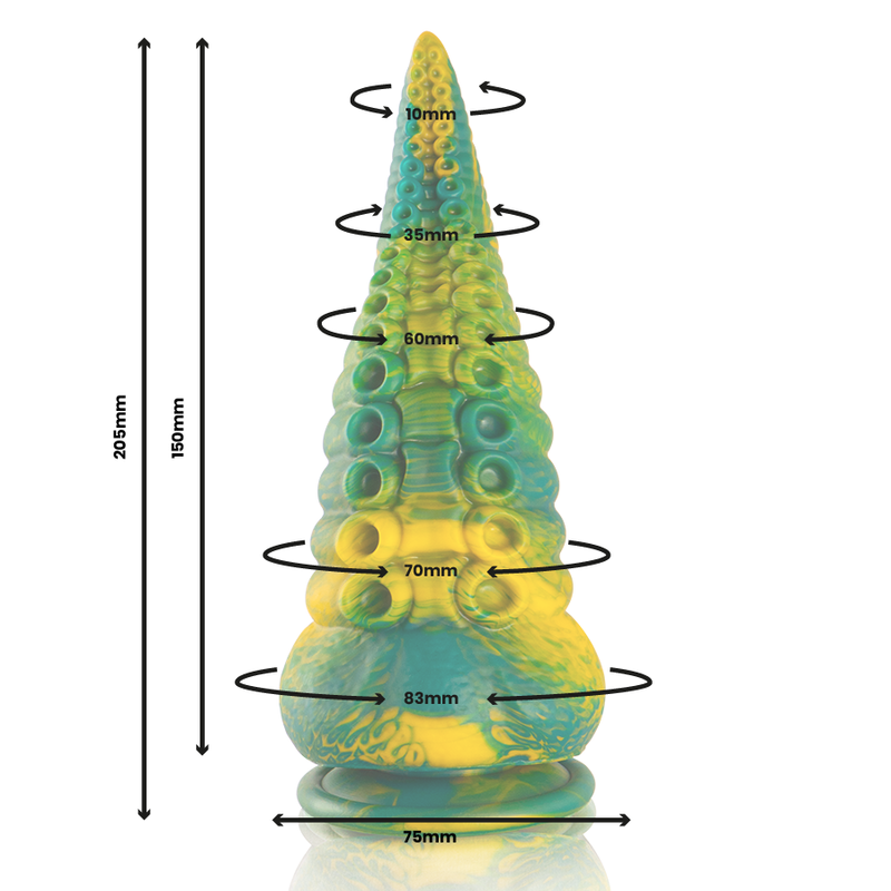 Schema technique du gode tentacule fantasy en silicone avec cotes de diametre progressif de 50 a 83 mm et hauteur totale, illustrant l'insertion graduelle du modele texture
