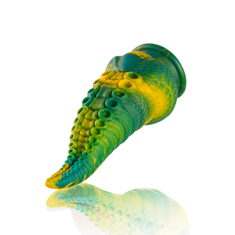 Gode tentacule fantaisie vert et jaune presente couche de profil, courbe complete et ventouses sculptees marquees, silicone souple au modele marin texture.