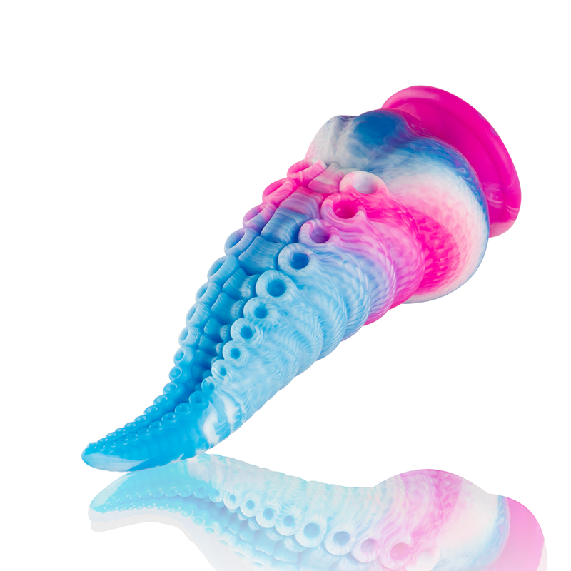 Gode tentacule Phorcys silicone bleu et rose vu en plongee, relief de ventouses marque le long du tentacule incurve, grand format fantasy a insertion graduelle.