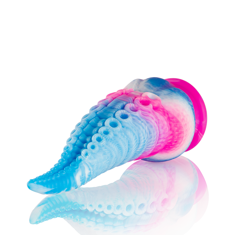 Gode tentacule Phorcys petite taille silicone bleu et rose en plongee, tentacule incurve couvert de ventouses, base ventouse stable et format compact.