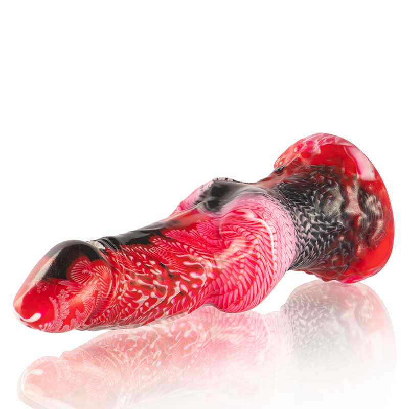 Gode Helios silicone rouge et gris couche, profil anatomique avec gland marque et fut texture, testicules a la base, design mythologique pour stimulation graduelle.