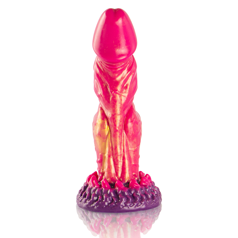 Gode Cerberus silicone rose et orange vu de face, gland marque et double epaississement texture, base sculptee large compatible harnais, teintes de feu vives.