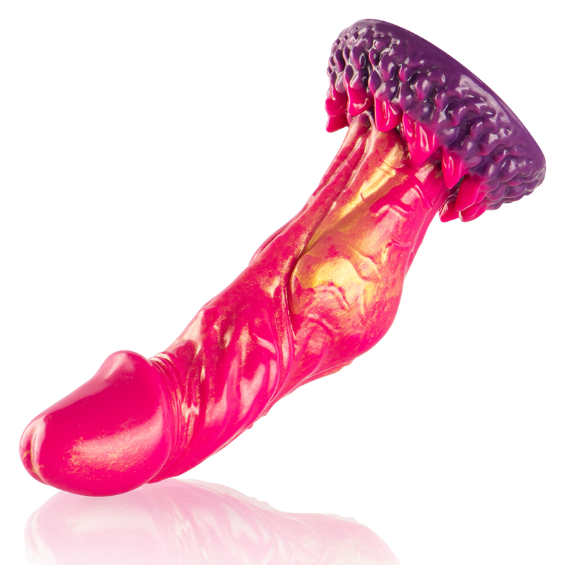 Gode cerberus fantasy en silicone flammé — détail texture surface