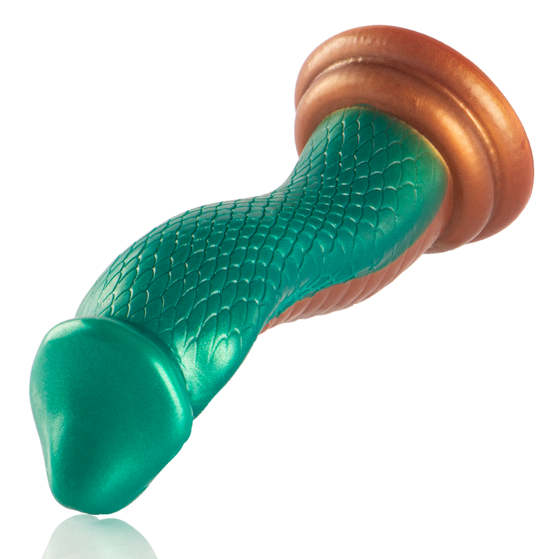 Gode fantasy serpent cobra vert et cuivre presente couche de profil, courbe torsadee a texture ecailleuse et tete sculptee de cobra, base ventouse cuivree en silicone souple