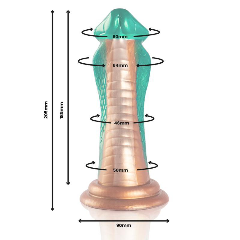 Schema technique du gode fantasy cobra vert et cuivre en silicone avec cotes de diametre de 50 a 60 mm et hauteur, montrant la tete sculptee et le corps ecailleux torsade