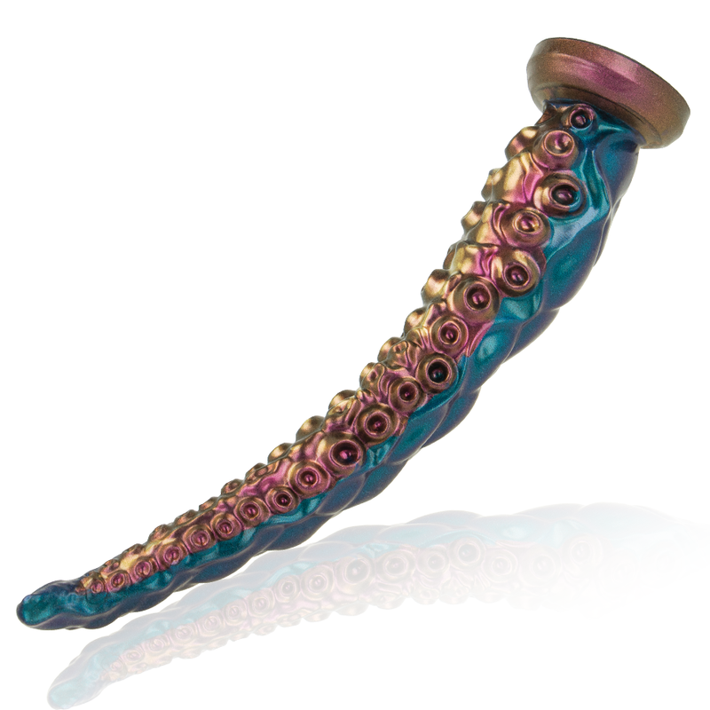 Gode tentacule fantasy cuivre et turquoise vu de profil incline avec reflet, courbe souple et base ventouse, relief de ventouses metallise sur silicone flexible non poreux