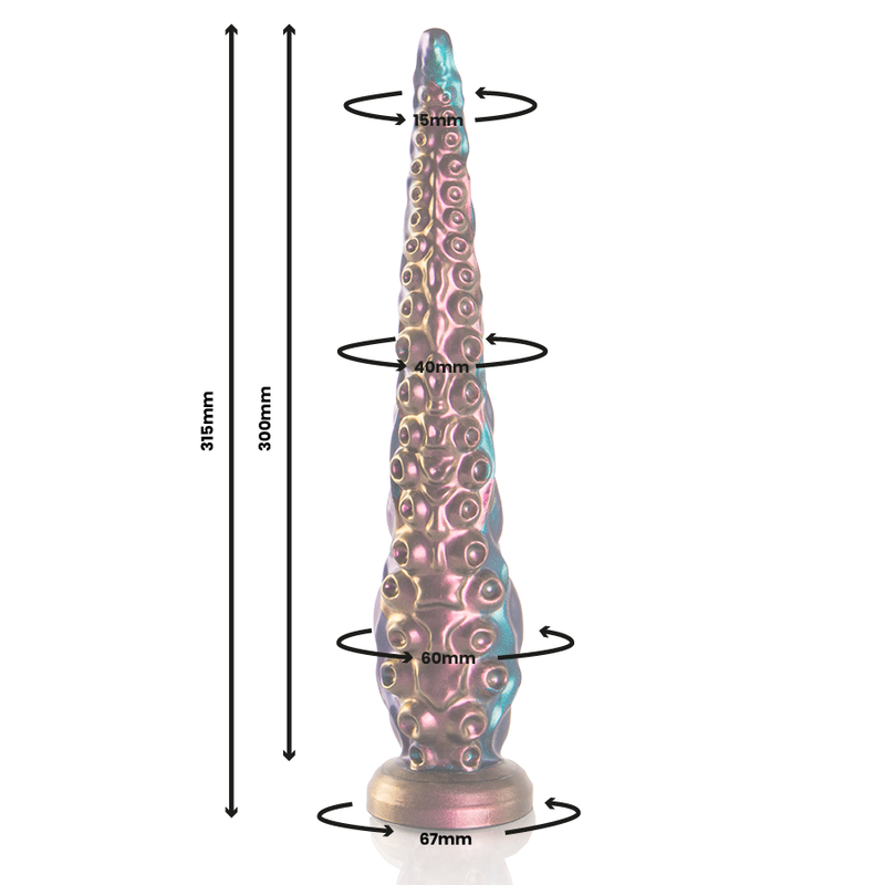Schema technique du gode tentacule fantasy cuivre et turquoise en silicone avec cotes de diametre et hauteur de 290 mm, montrant l'effilement vers la base ventouse de 67 mm