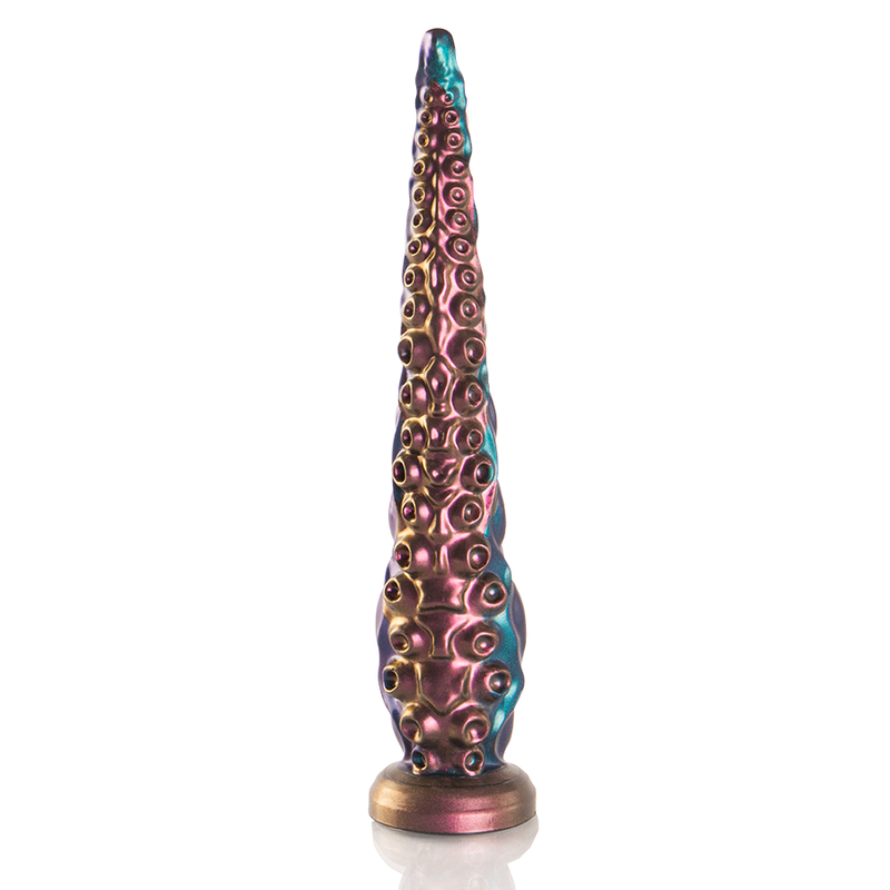 Gode tentacule fantasy cuivre et turquoise vu de face, pointe effilee et base ventouse evasee, alignement de ventouses metallisees pour une stimulation graduelle