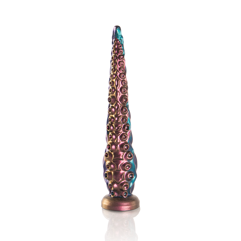 Gode tentacule fantasy cuivre et turquoise vu de face, pointe fine et base ventouse, alignement de ventouses aux reflets metalliques pour une montee graduelle