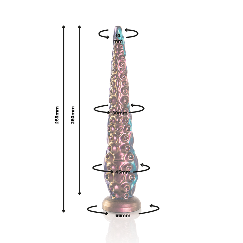 Schema technique du gode tentacule fantasy cuivre et turquoise en silicone avec cotes de diametre croissant et hauteur, illustrant l'effilement vers la base ventouse