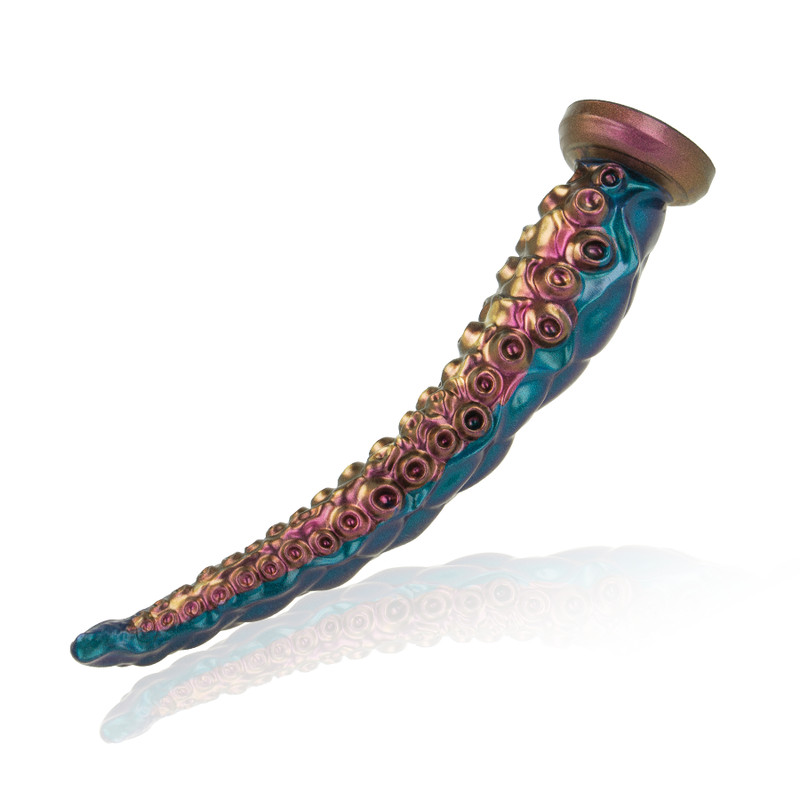 Gode tentacule fantasy cuivre et turquoise vu de profil incurve, base ventouse large et tige effilee, relief de ventouses metallise sur silicone souple non poreux