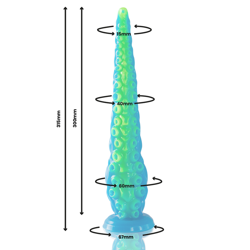Schema technique du gode tentacule fin fluorescent en silicone avec cotes de diametres de 45 a 67 mm et hauteur, illustrant l'effilement progressif vers la base ventouse