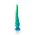 Gode tentacule fin fluorescent en silicone bleu et vert vu de face, pointe effilee et base ventouse, relief de ventouses pour une insertion douce puis progressive